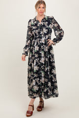Black Floral Chiffon Ruffle Accent Button Down Maternity Maxi Dress