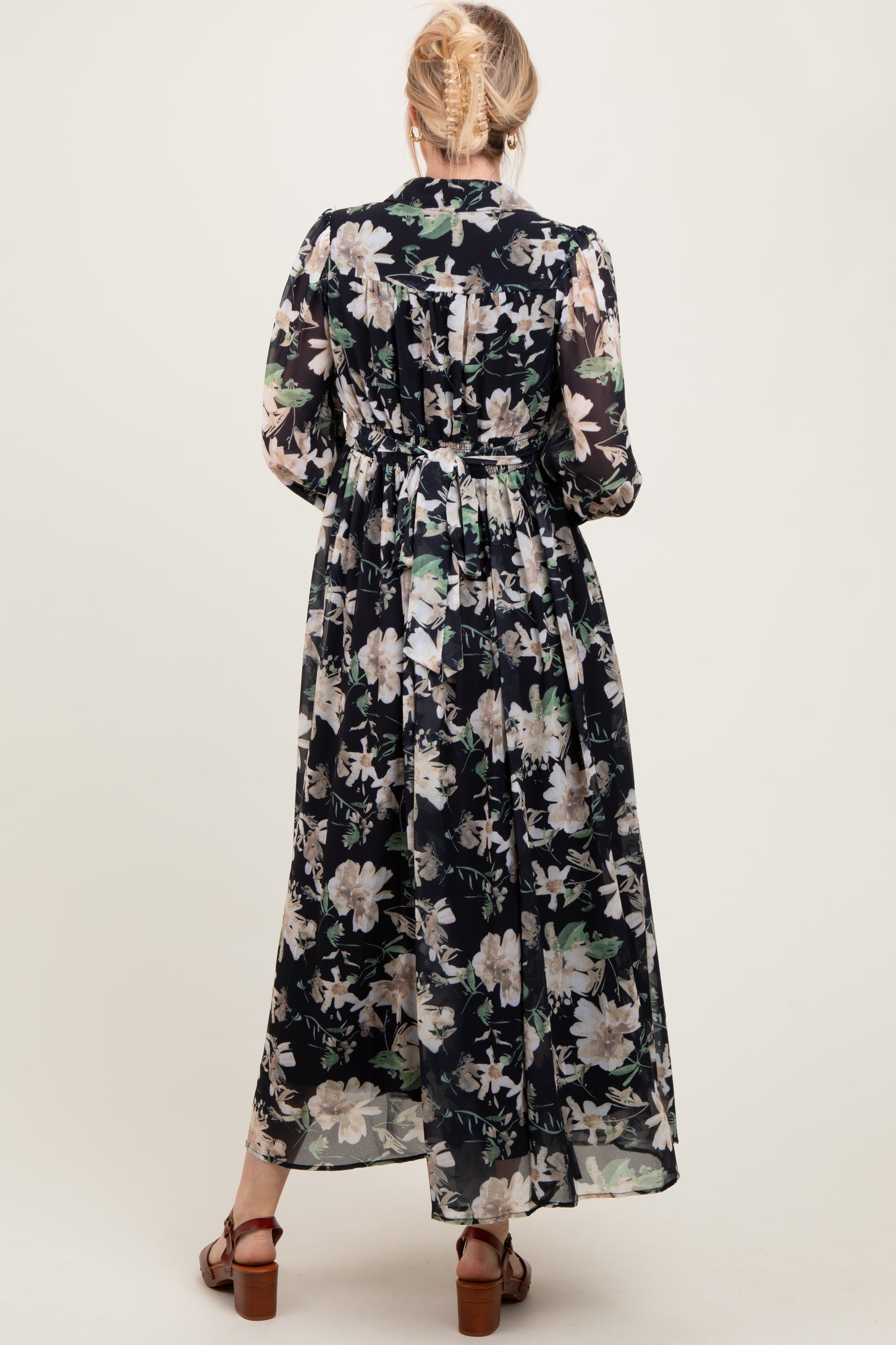Black Floral Chiffon Ruffle Accent Button Down Maxi Dress
