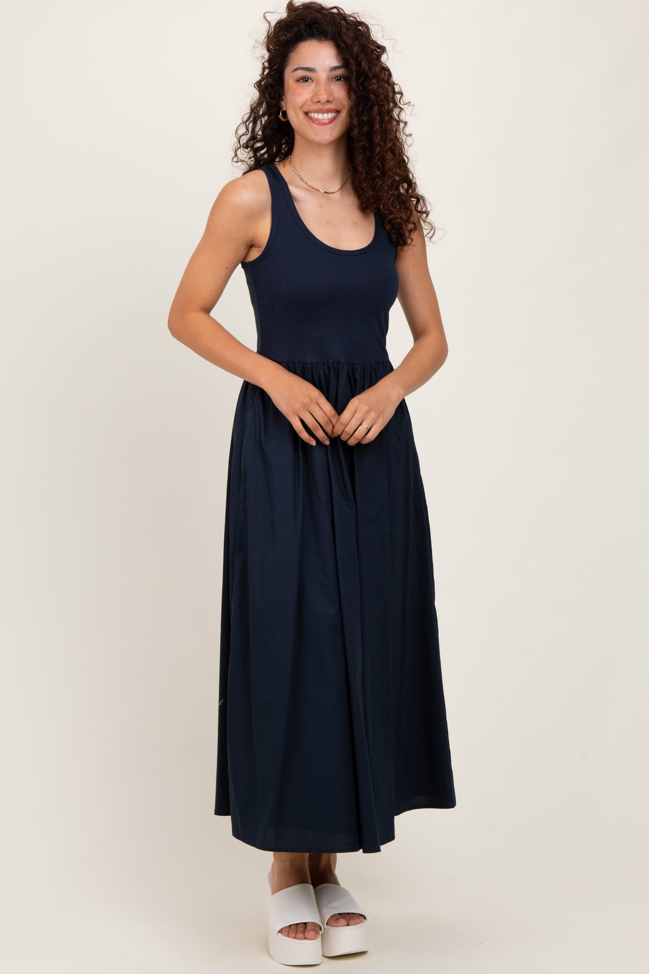 Navy Scoop Neck Contrast Skirt Maxi Dress