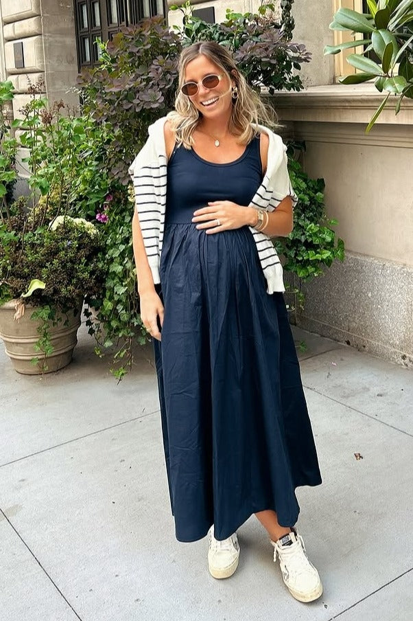 Navy Scoop Neck Contrast Skirt Maternity Maxi Dress