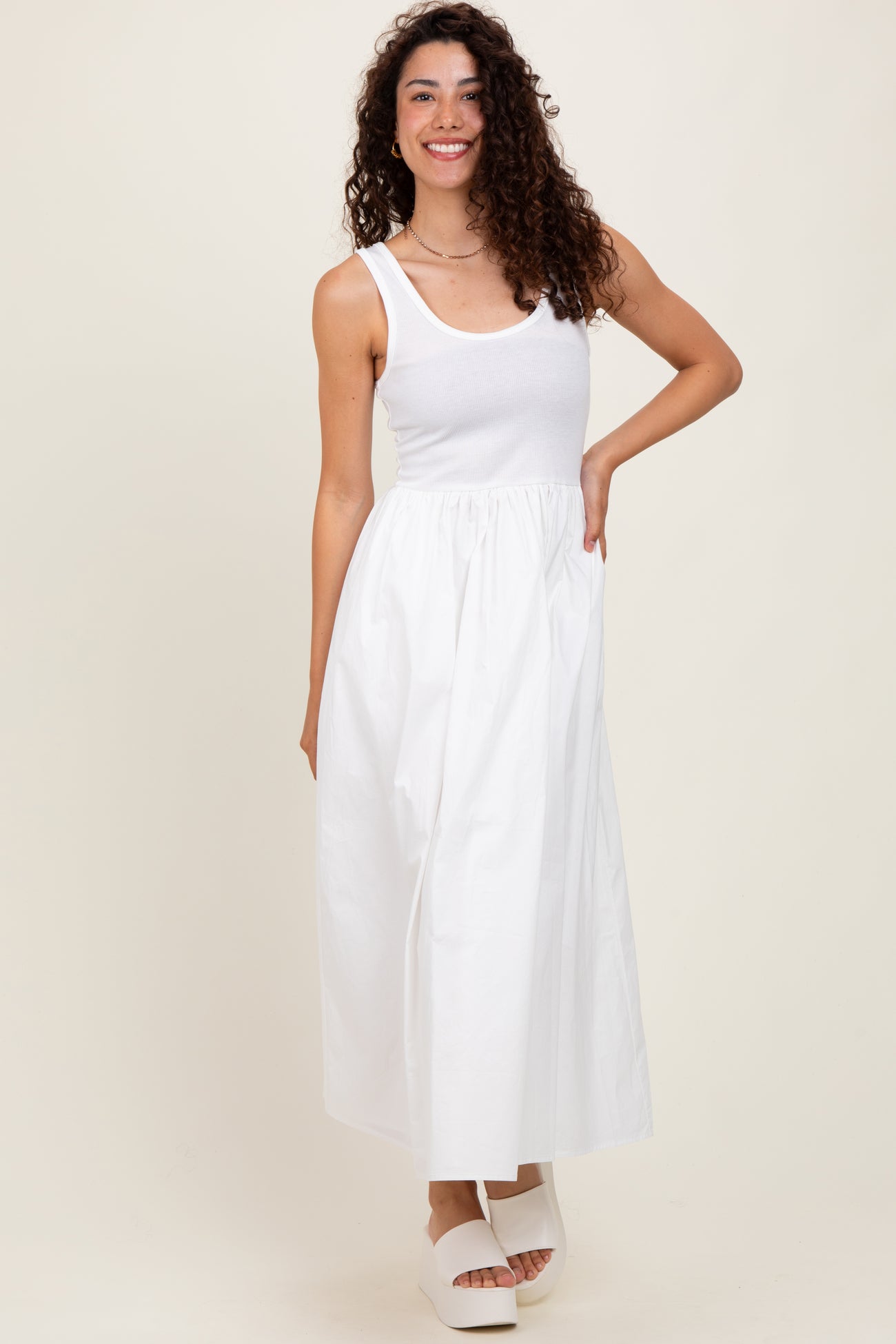 White Scoop Neck Contrast Skirt Maxi Dress