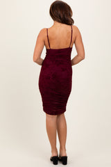 Burgundy Floral Velvet Overlay Ruched Midi Dress