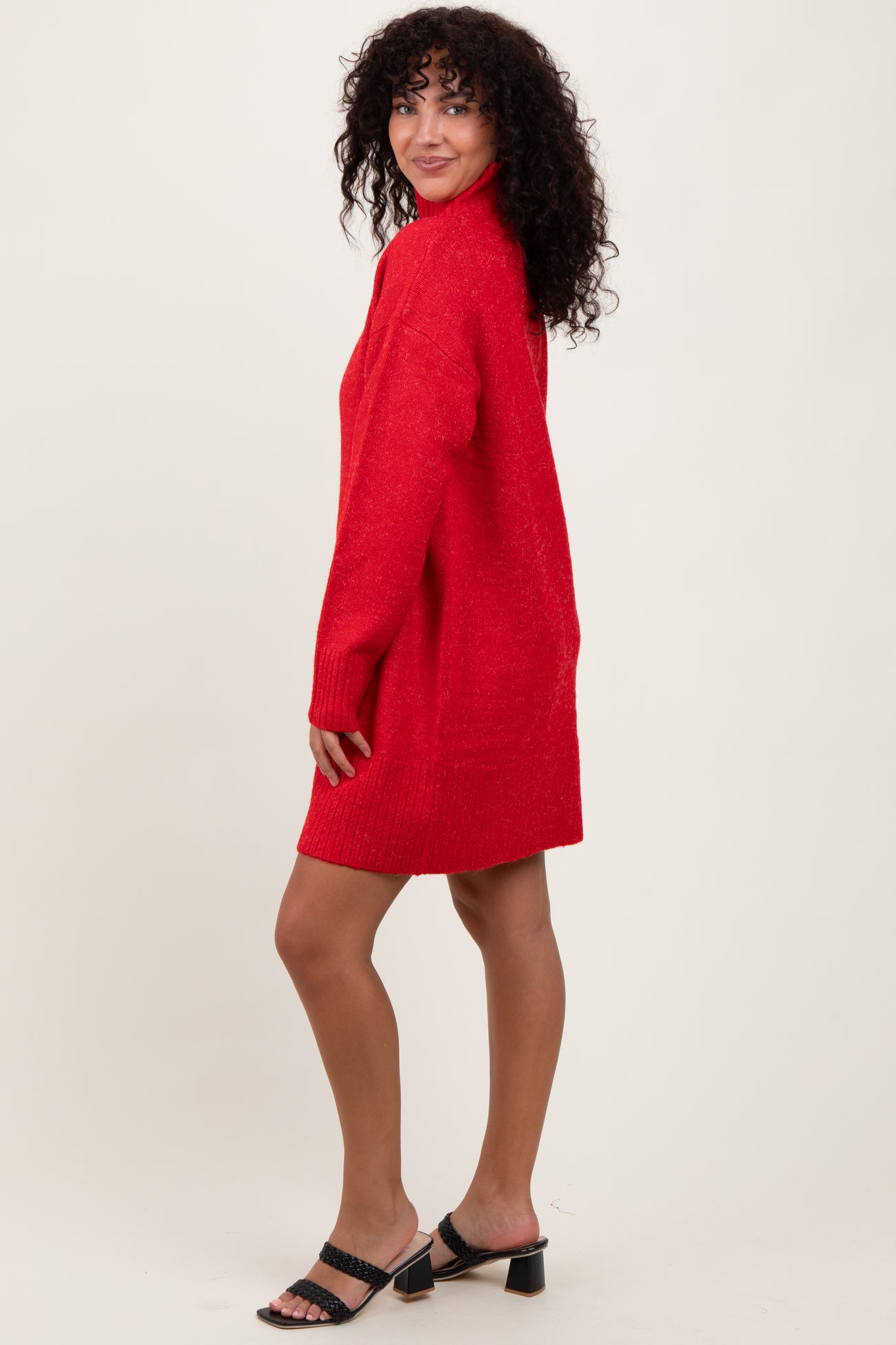 Red Chunky Knit Turtleneck Mini Sweater Dress