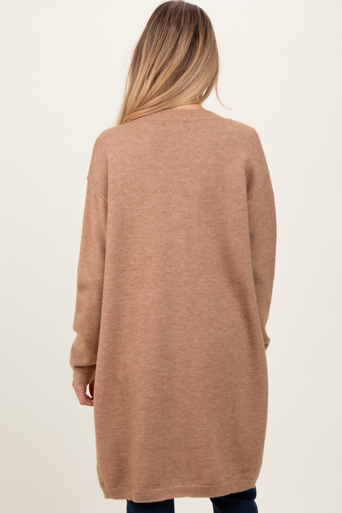Camel Button Down V-Neck Long Maternity Cardigan