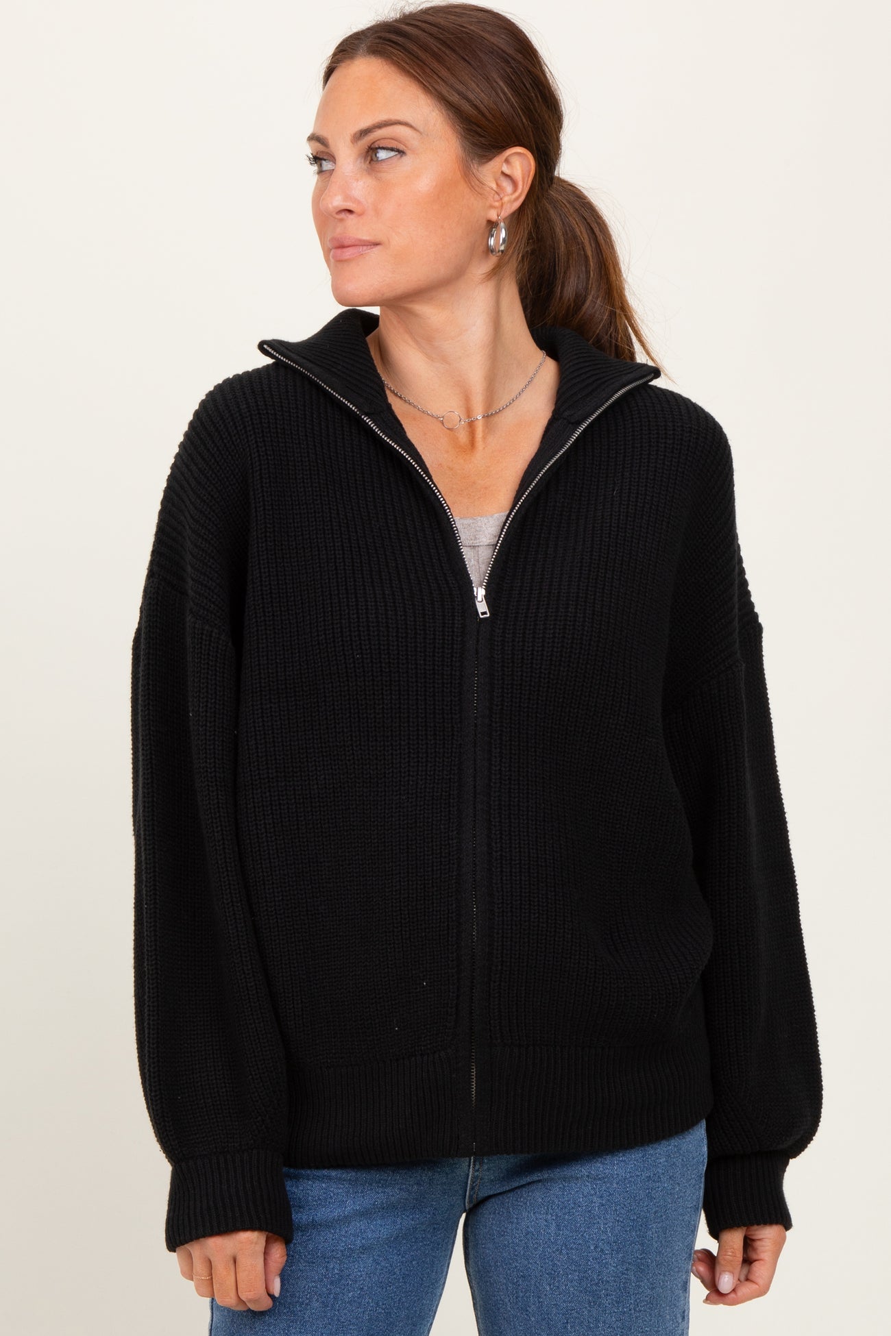 Black Oversized Zip Up Cardigan