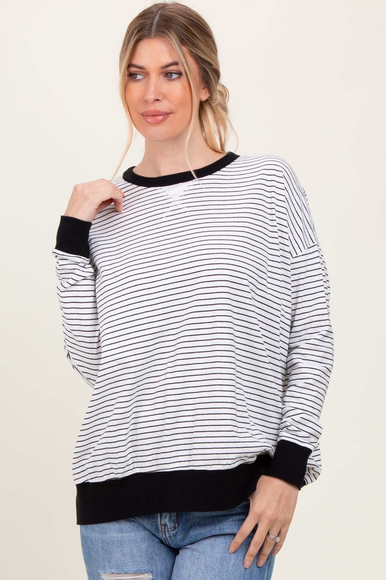 White Striped Oversized Crewneck Maternity Pullover