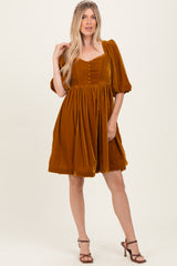 Camel Velvet Sweetheart Button Accent Dress