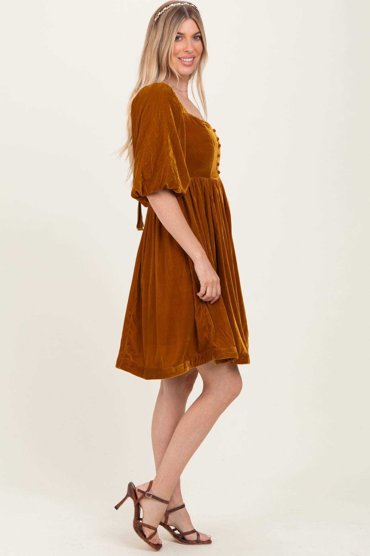 Camel Velvet Sweetheart Button Accent Dress
