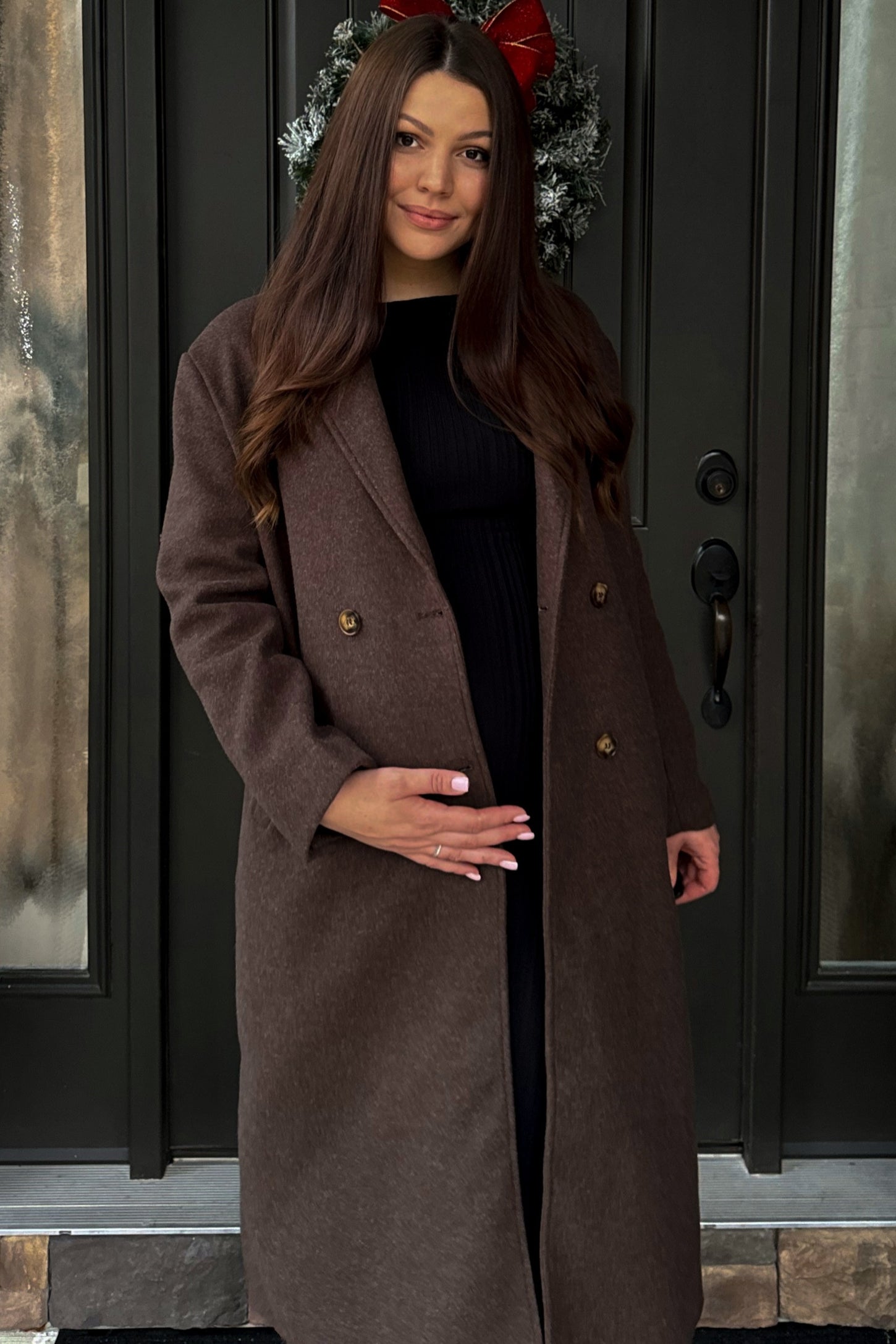 Brown Felted Double Breasted Lapel Maternity Button Coat
