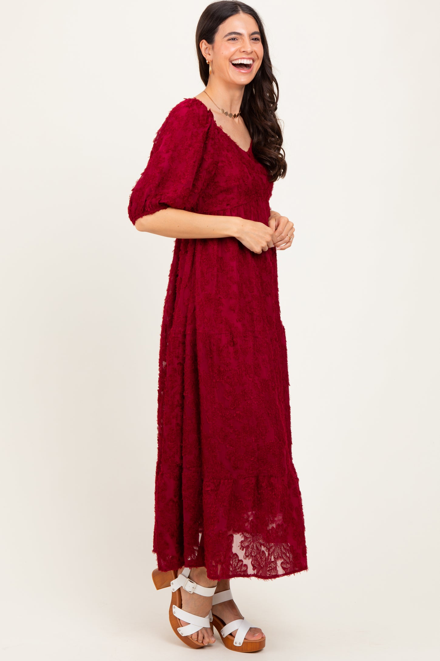 Burgundy Textured Tiered Midi Dress