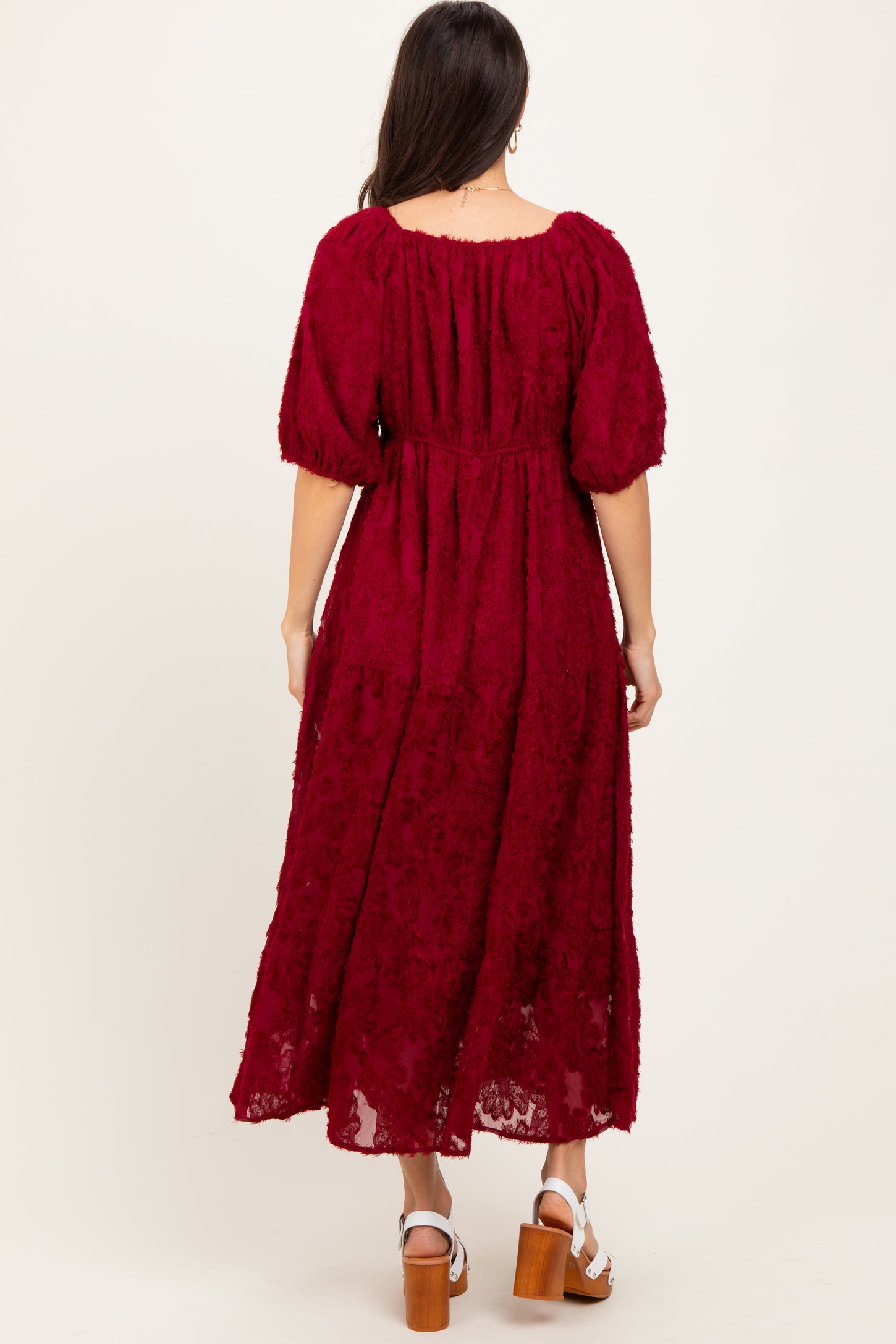 Burgundy Textured Tiered Midi Dress