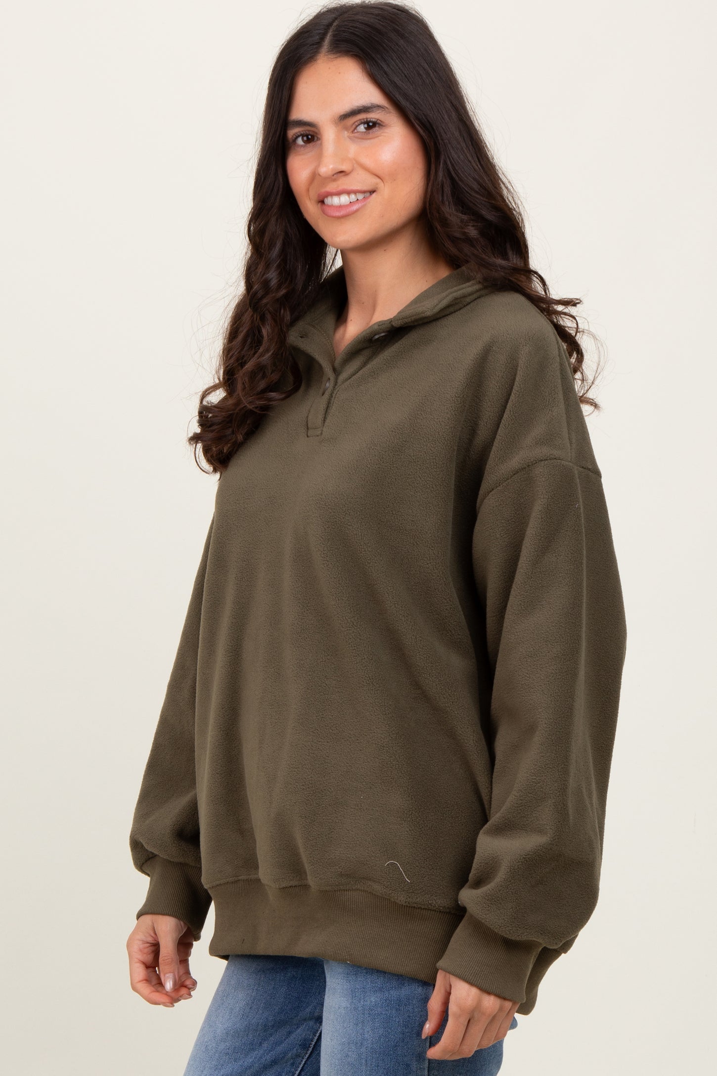 Olive Fleece Collared Button Up Pullover