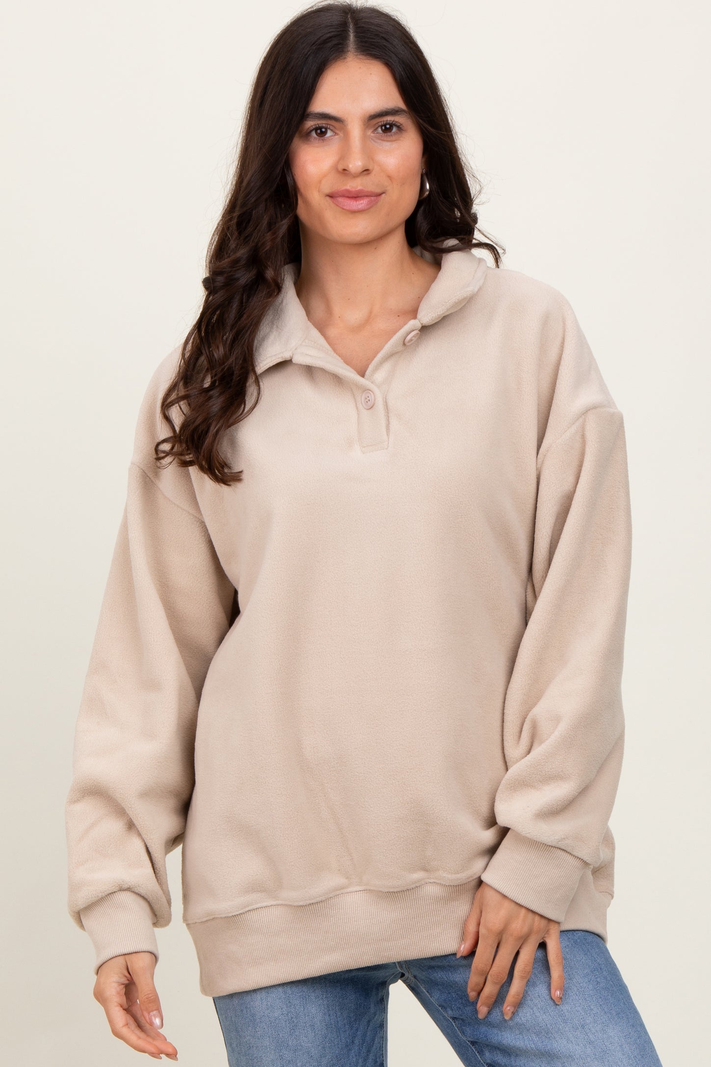 Beige Fleece Collared Button Up Pullover