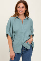 Light Olive Checker Print Short Sleeve Oversized Blouse