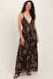 Dark Brown Floral Deep V-Neck Back Cutout Maxi Dress