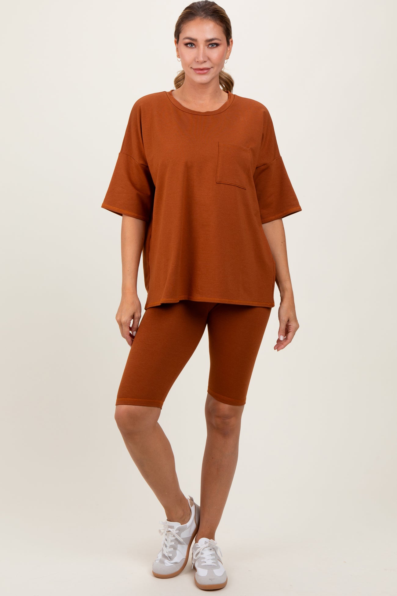 Rust Oversized Short Sleeve Biker Short Maternity Set