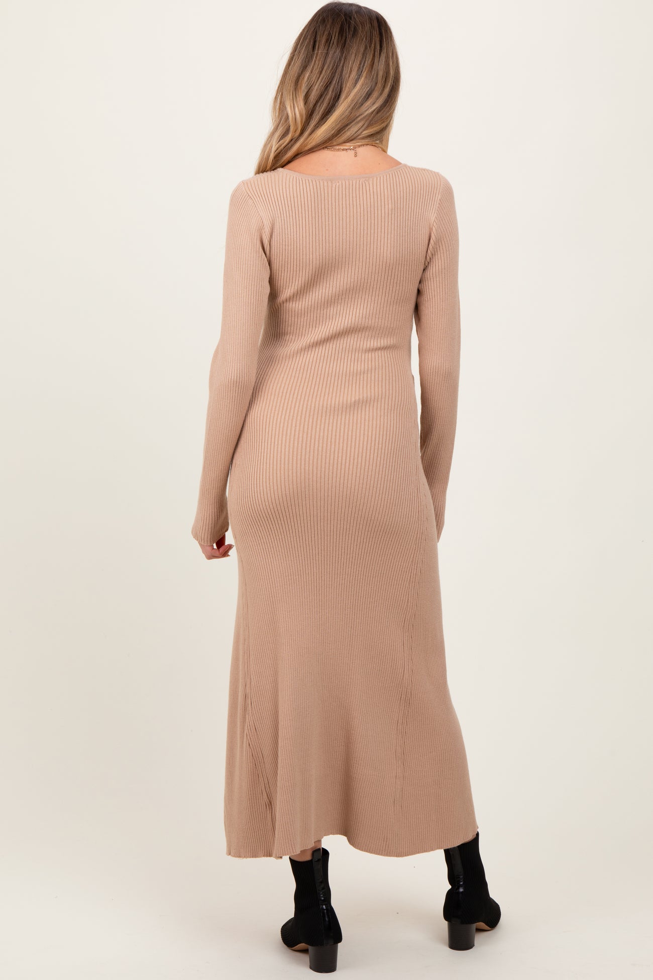 Beige Ribbed Knit Maternity Maxi Sweater Dress