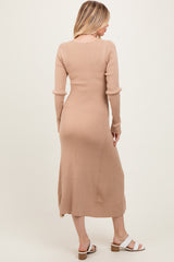 Beige Ribbed Knit Maxi Sweater Dress