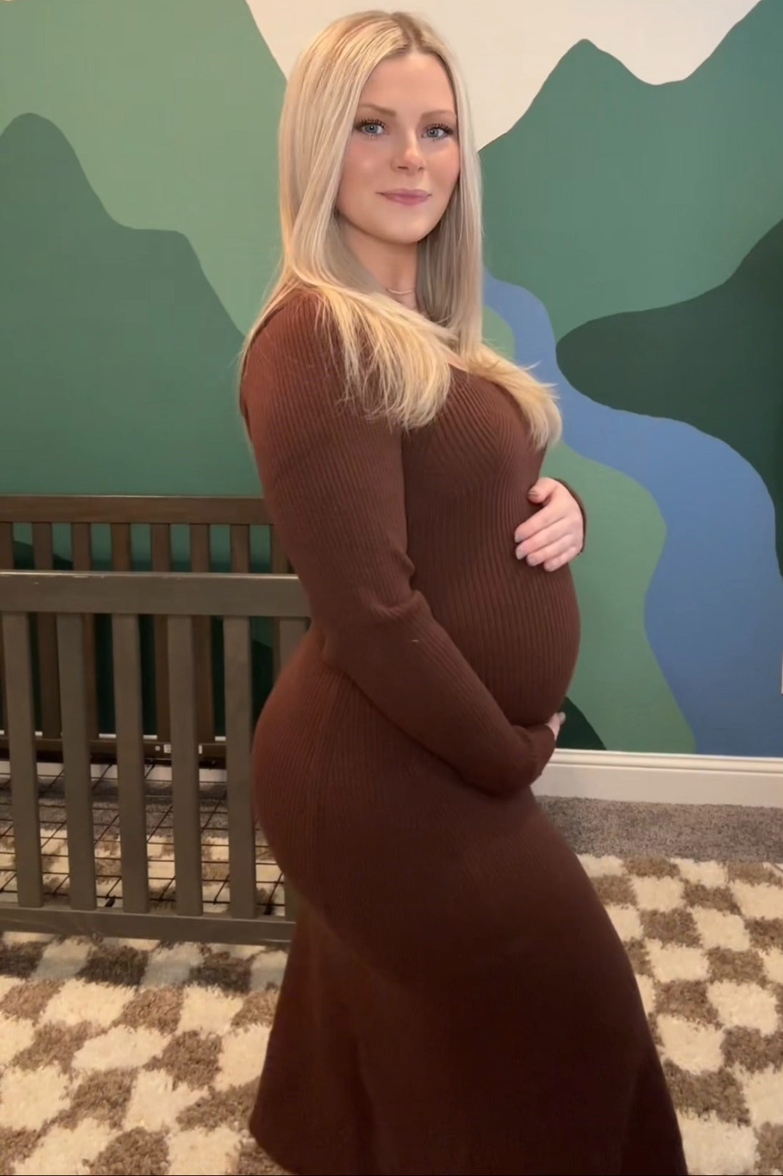 Brown Ribbed Knit Maternity Maxi Sweater Dress