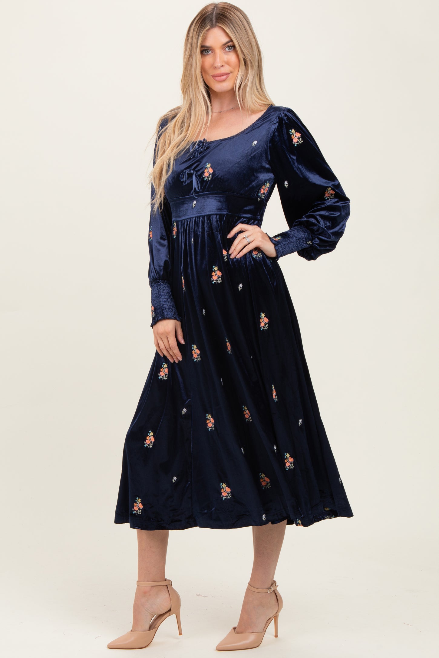 Navy Velvet Embroidered Floral Midi Dress