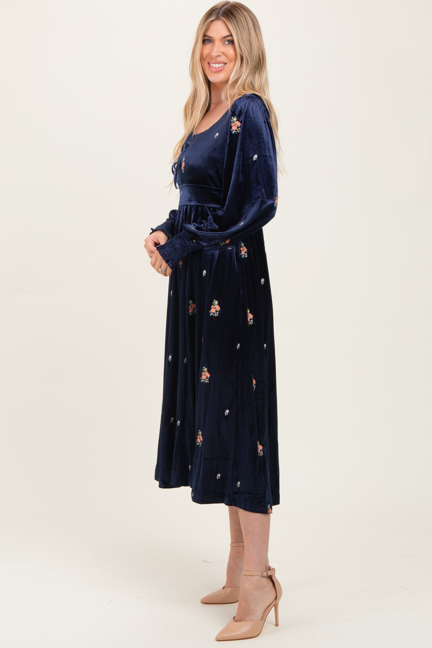 Navy Velvet Embroidered Floral Midi Dress