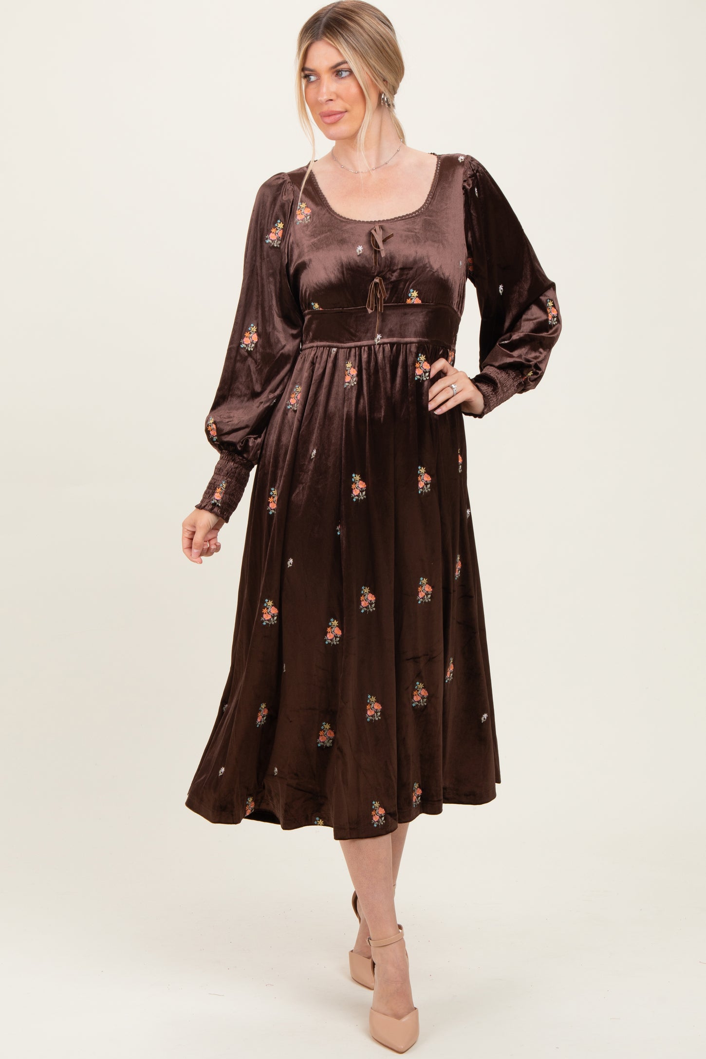 Brown Velvet Embroidered Floral Midi Dress
