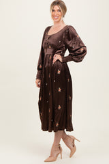 Brown Velvet Embroidered Floral Midi Dress