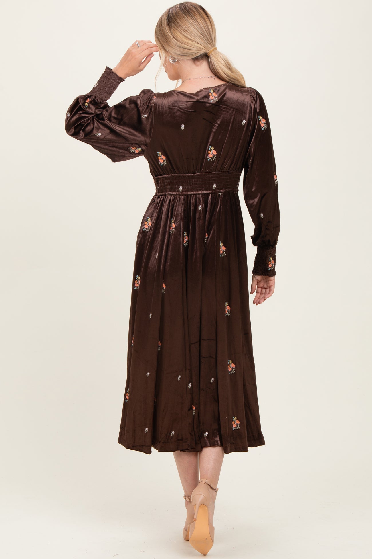 Brown Velvet Embroidered Floral Midi Dress