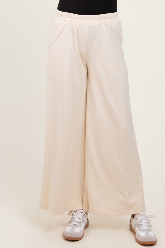 Cream Brushed Knit Wide Leg Pants