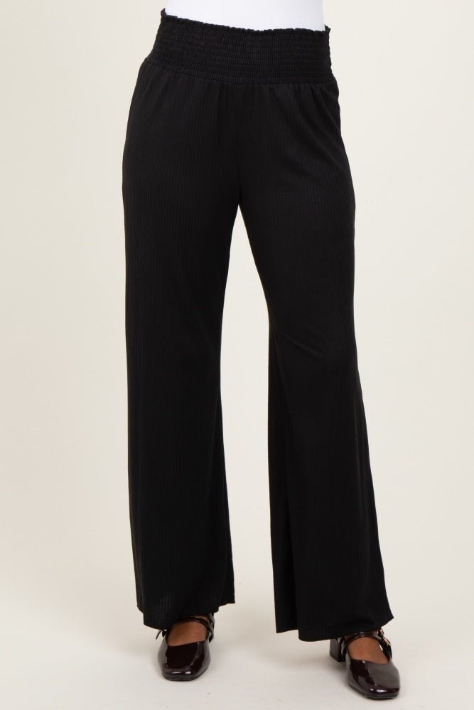 Black Ribbed Smocked Waistband Wide Leg Pants