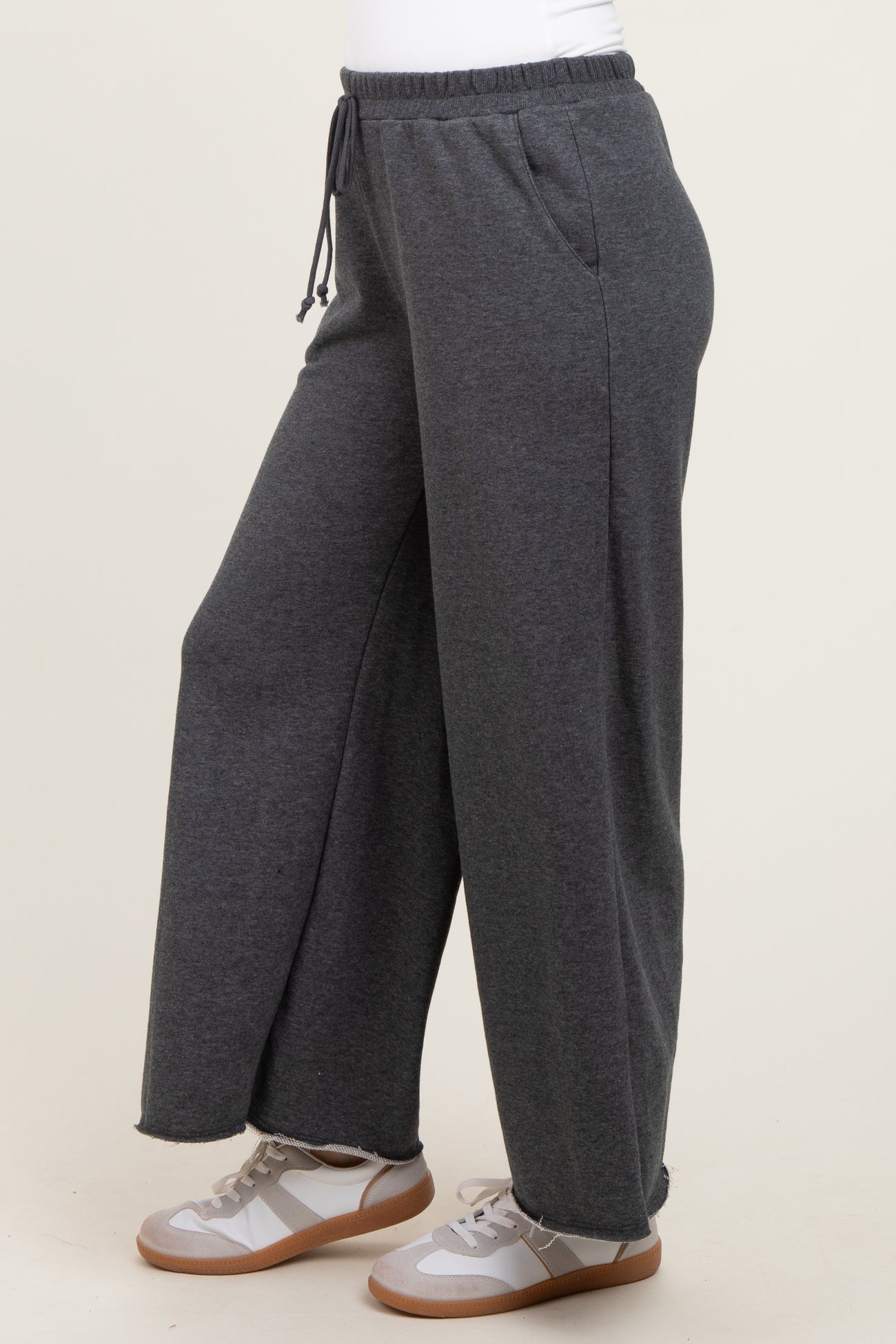 Charcoal French Terry Raw Edge Wide Leg Pants