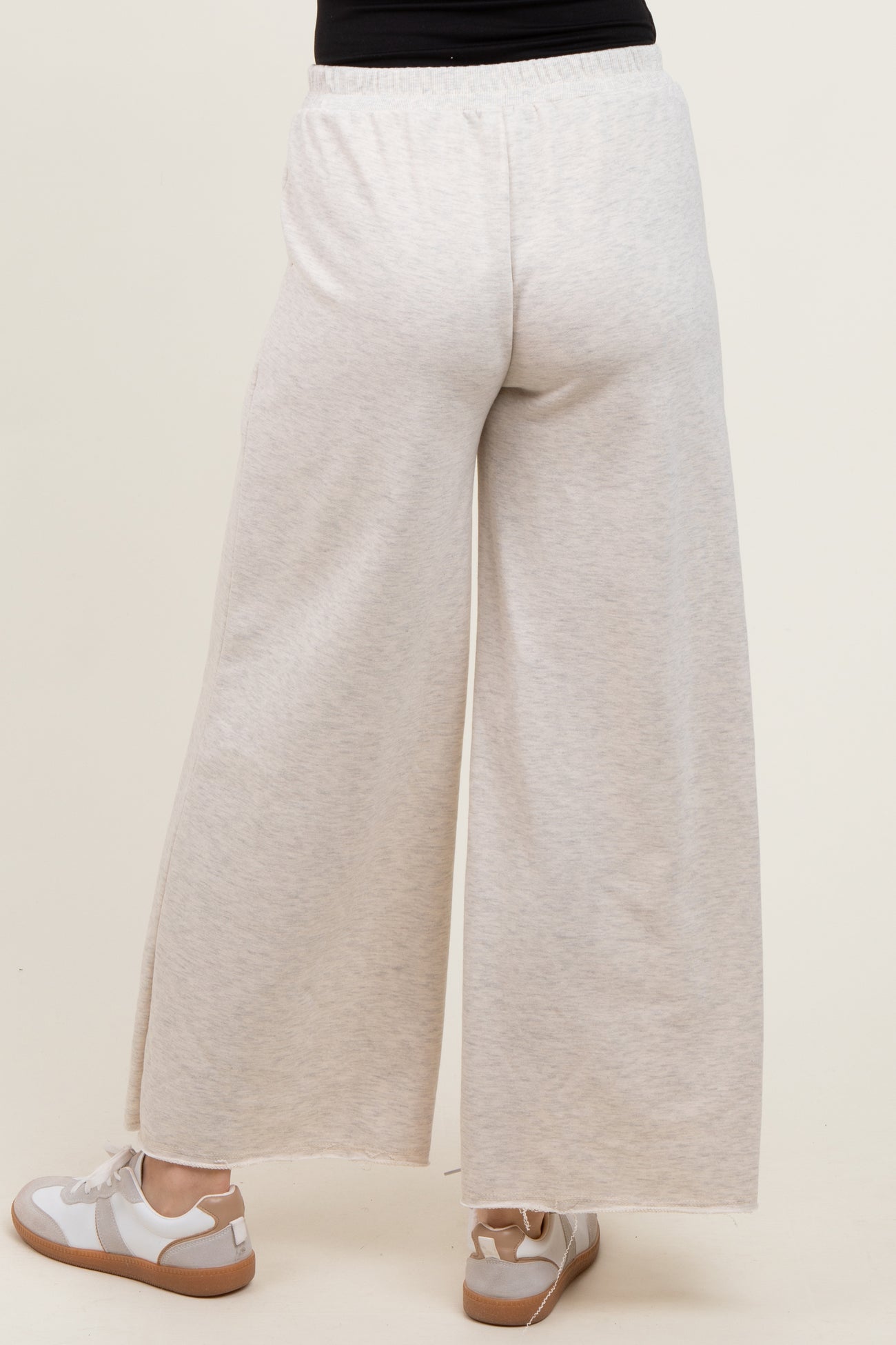 Beige French Terry Raw Edge Wide Leg Pants