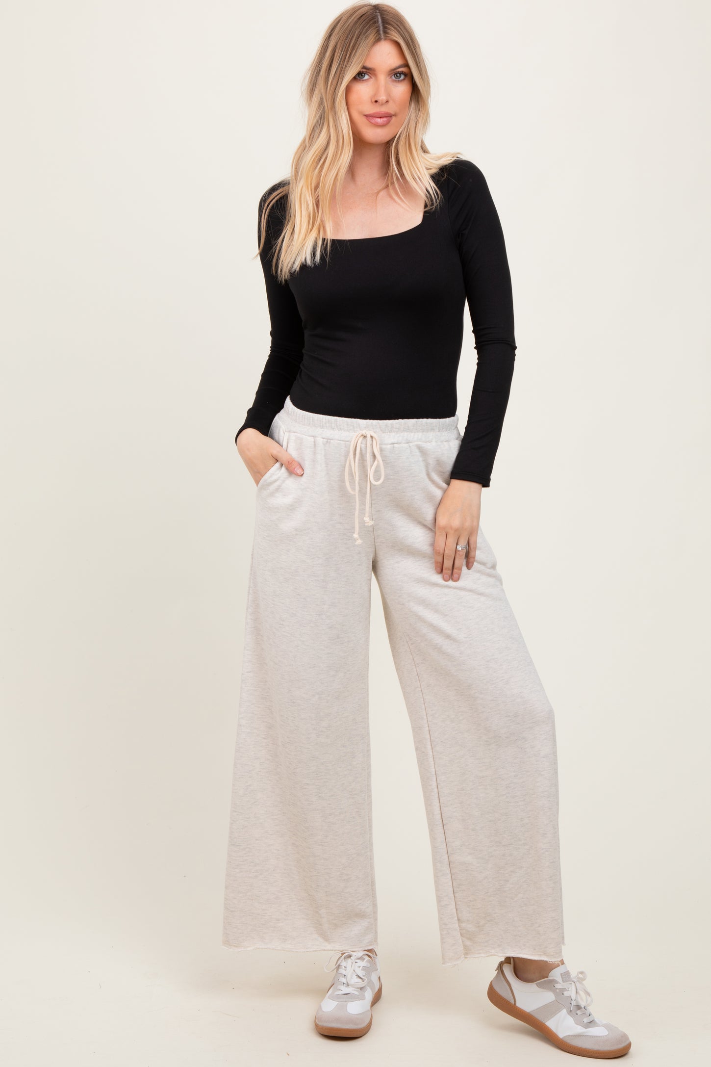 Beige French Terry Raw Edge Wide Leg Pants