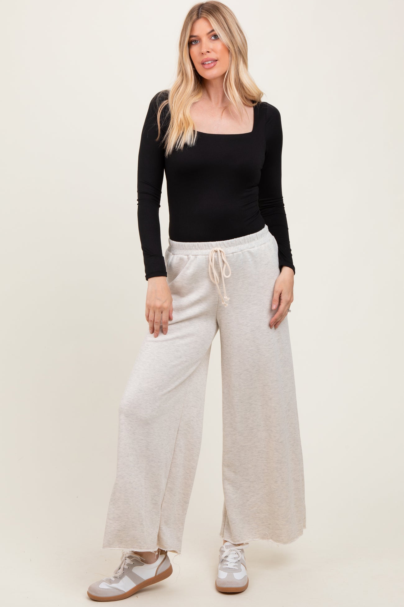 Beige French Terry Raw Edge Wide Leg Pants