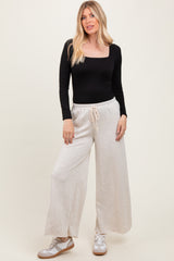 Beige French Terry Raw Edge Wide Leg Pants