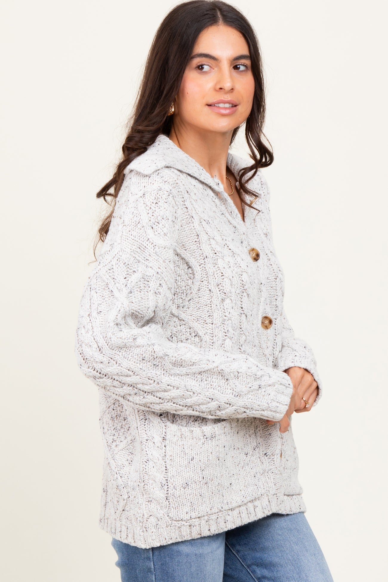 Heather Grey Cable Knit Collared Button Up Cardigan