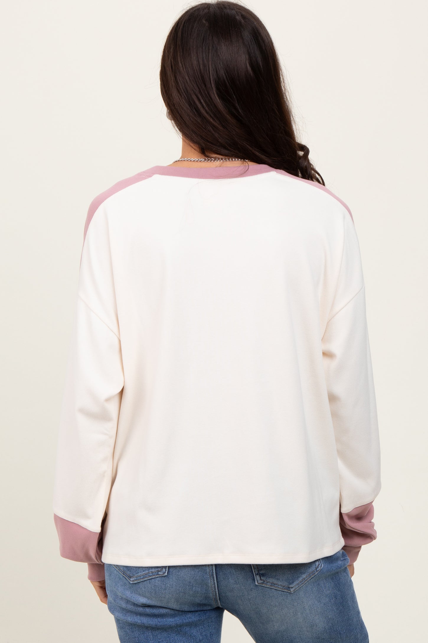 Cream Brushed Knit Colorblock Sleeve Pullover