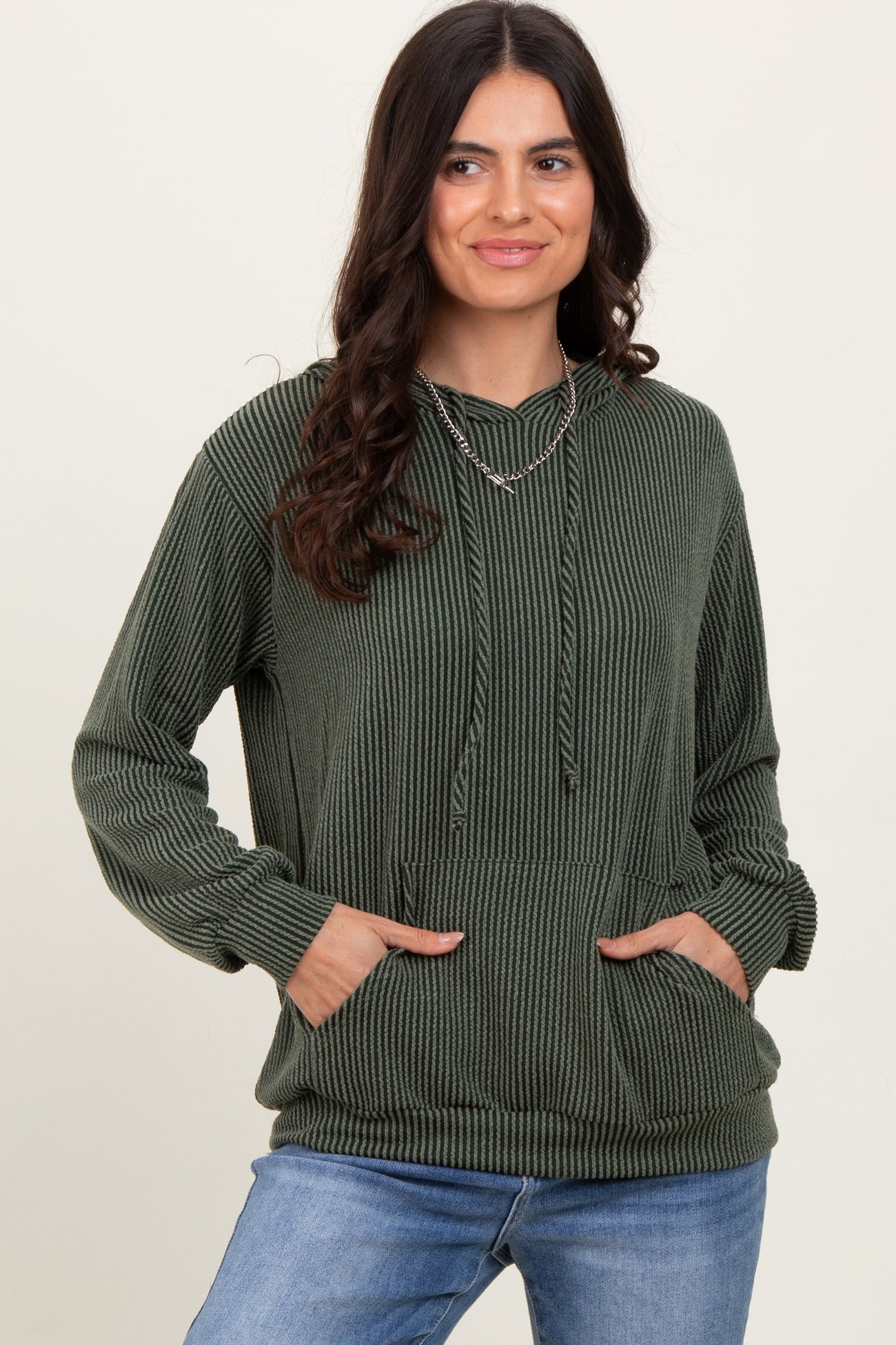 Olive Ribbed Basic Drawstring Maternity Hoodie