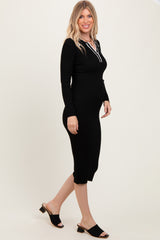 Black Contrast Trim Ribbed Knit Button Up Midi Dress