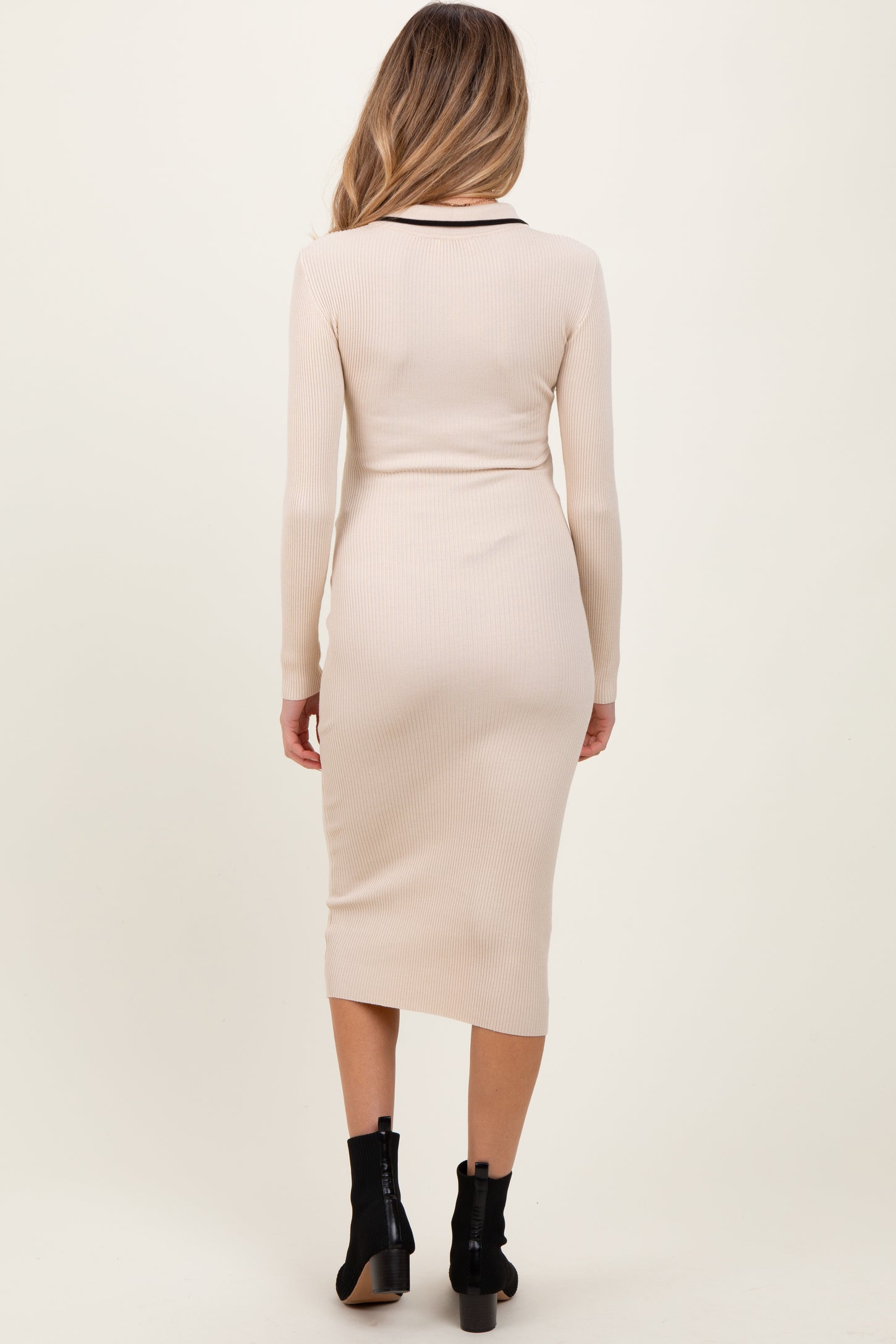 Cream Contrast Trim Ribbed Knit Button Up Maternity Midi Dress