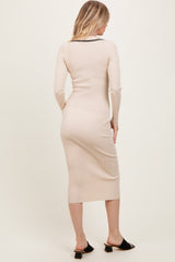 Cream Contrast Trim Ribbed Knit Button Up Midi Dress