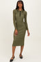 Olive Contrast Trim Ribbed Knit Button Up Midi Dress