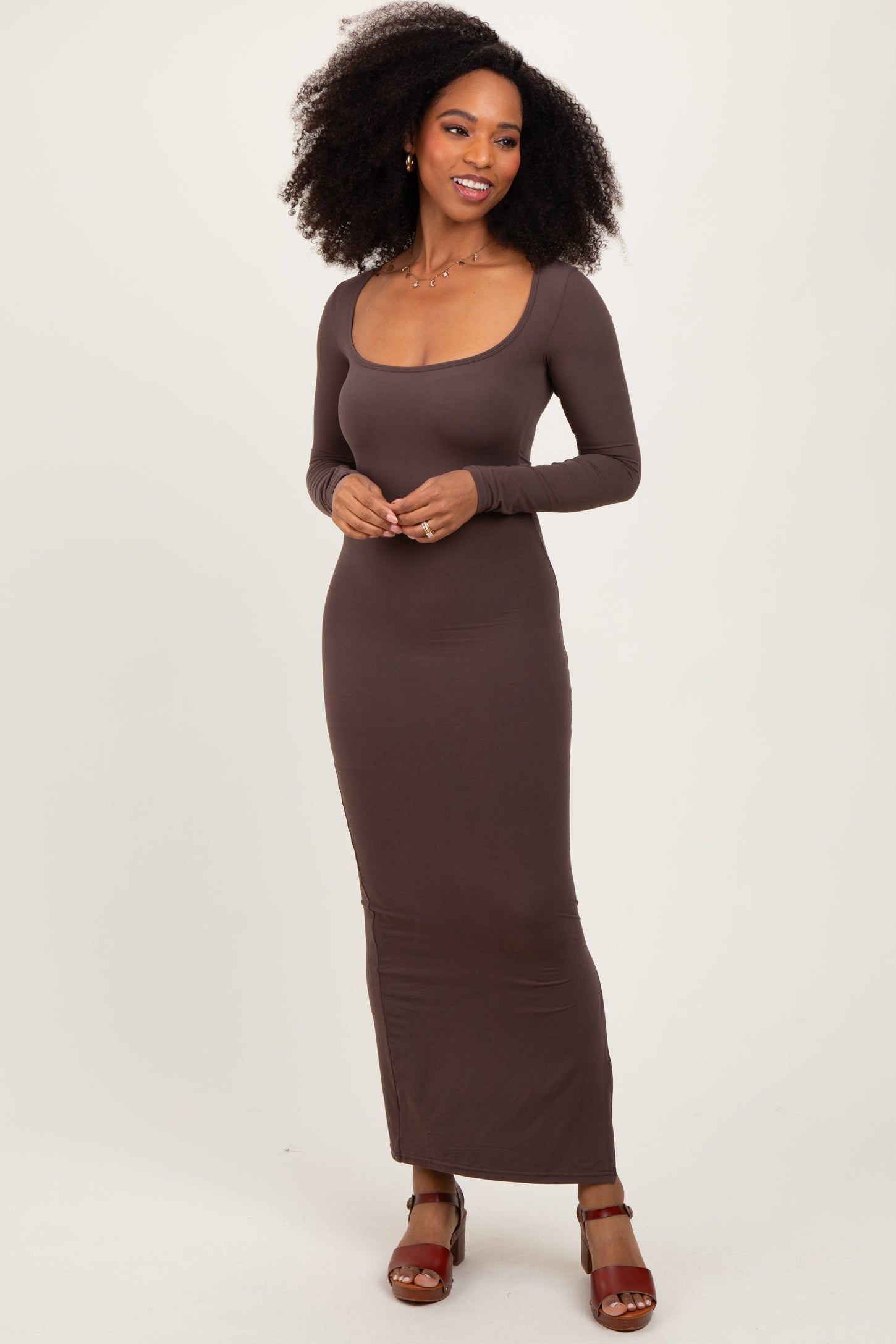 Mocha Long Sleeve Side Slit Maternity Maxi Dress