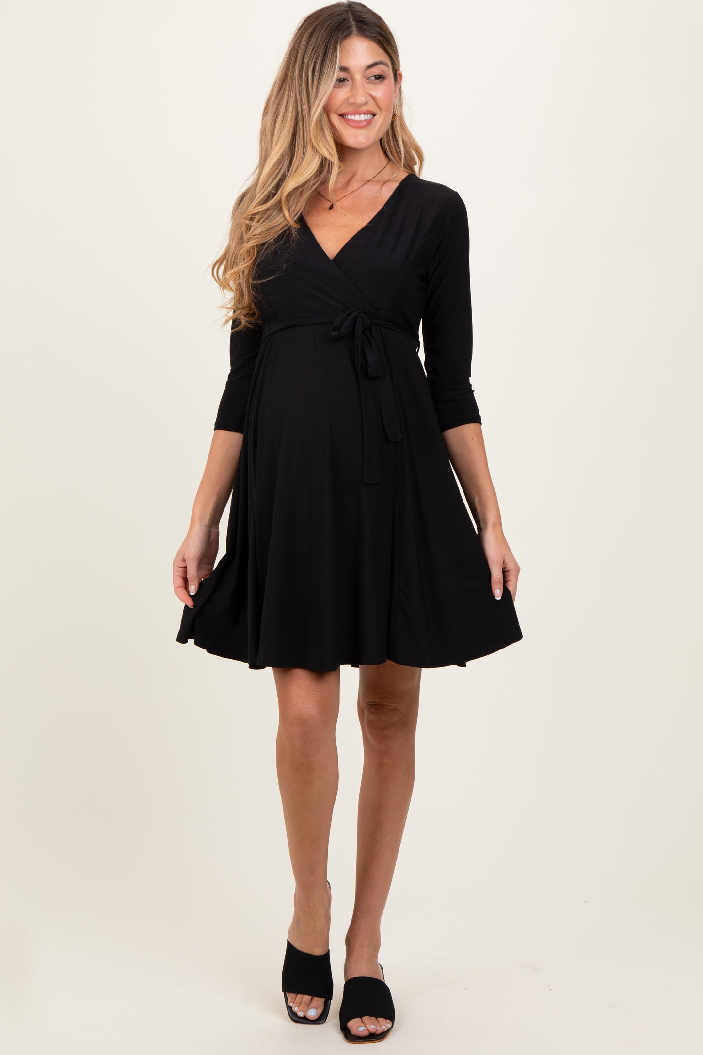 Black 3/4 Sleeve Maternity/Nursing Sash Tie Wrap Dress