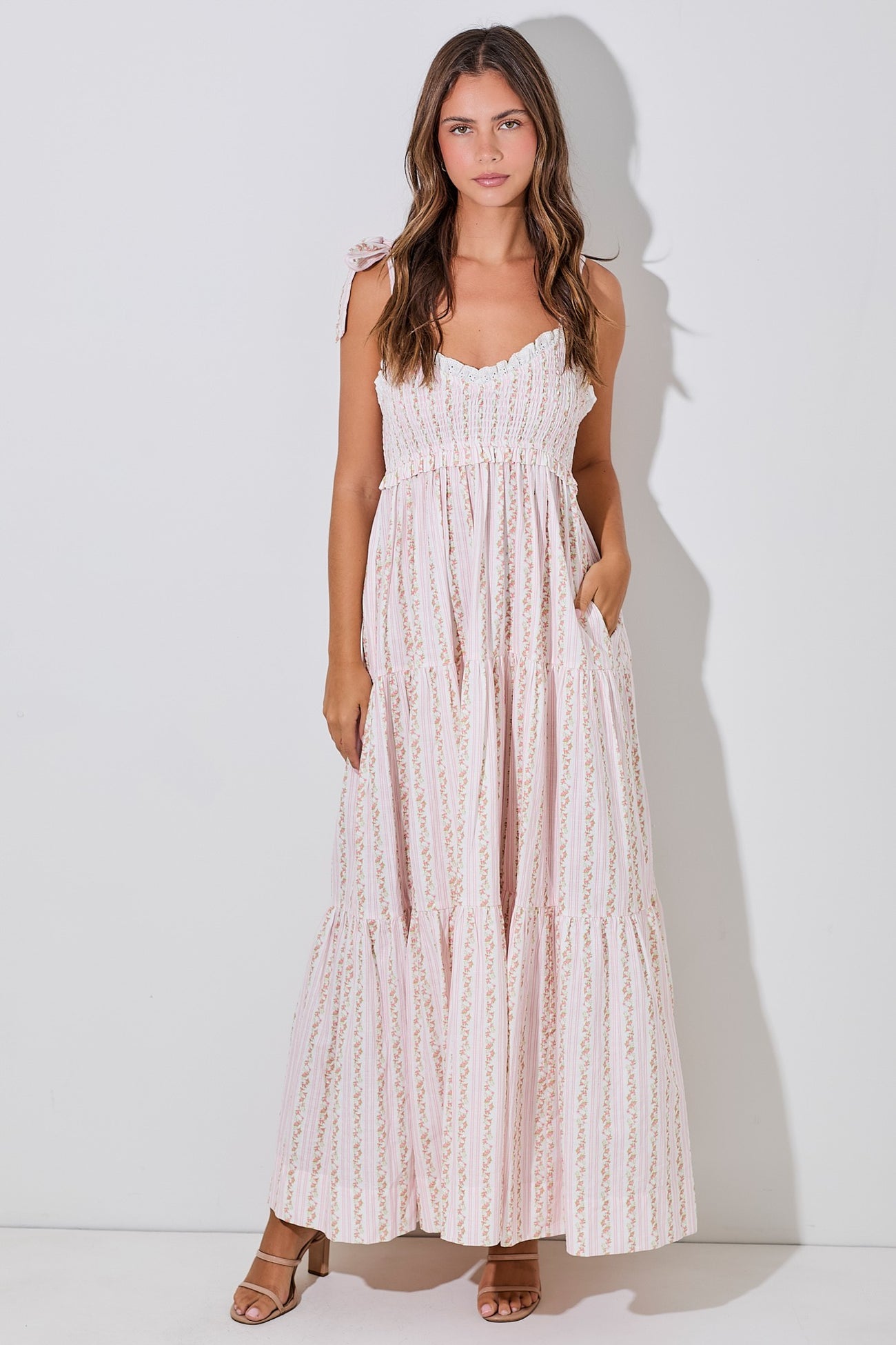Pink Floral Striped Smocked Shoulder Tie Maternity Maxi Dress
