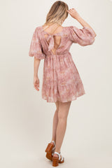Pink Watercolor Floral Back Tie Puff Sleeve Dress