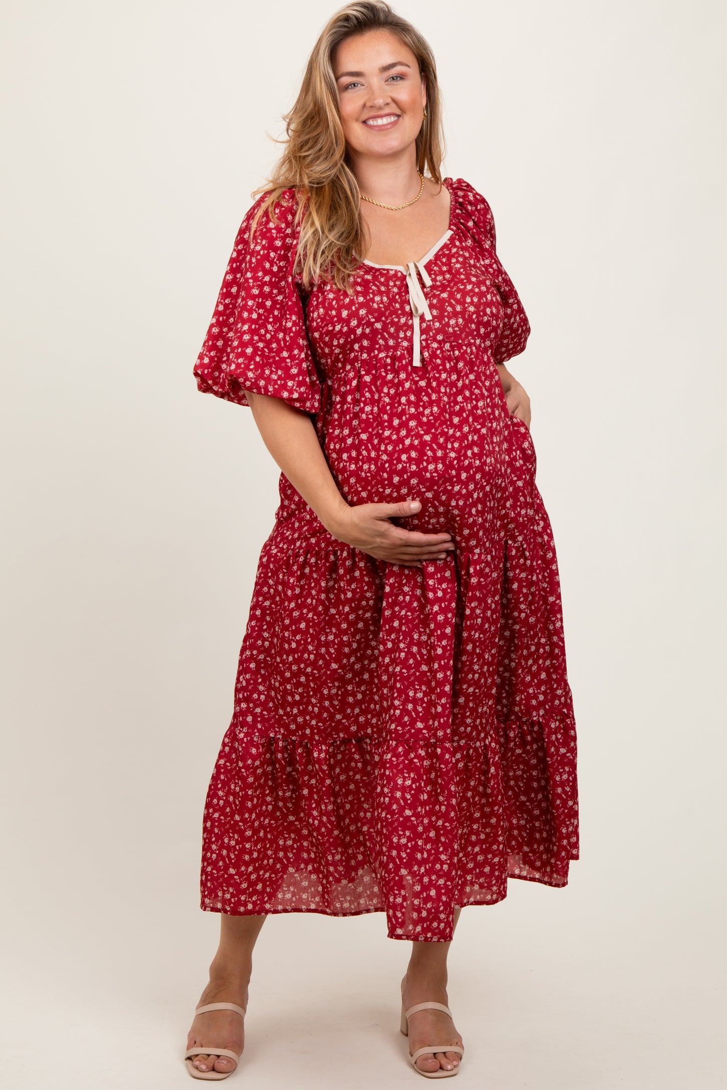 Red Floral Puff Sleeve Tiered Maternity Plus Maxi Dress