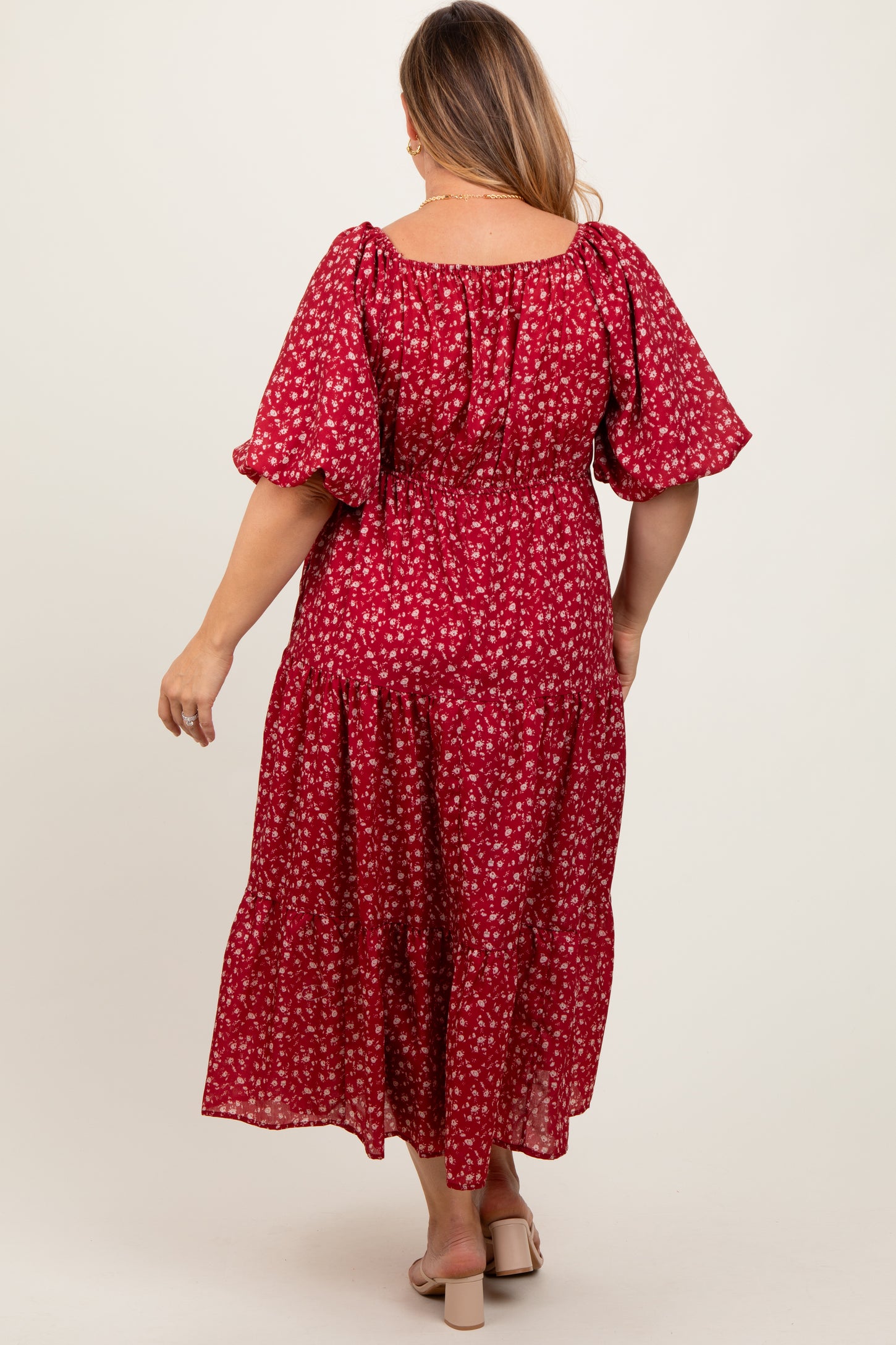 Red Floral Puff Sleeve Tiered Maternity Plus Maxi Dress
