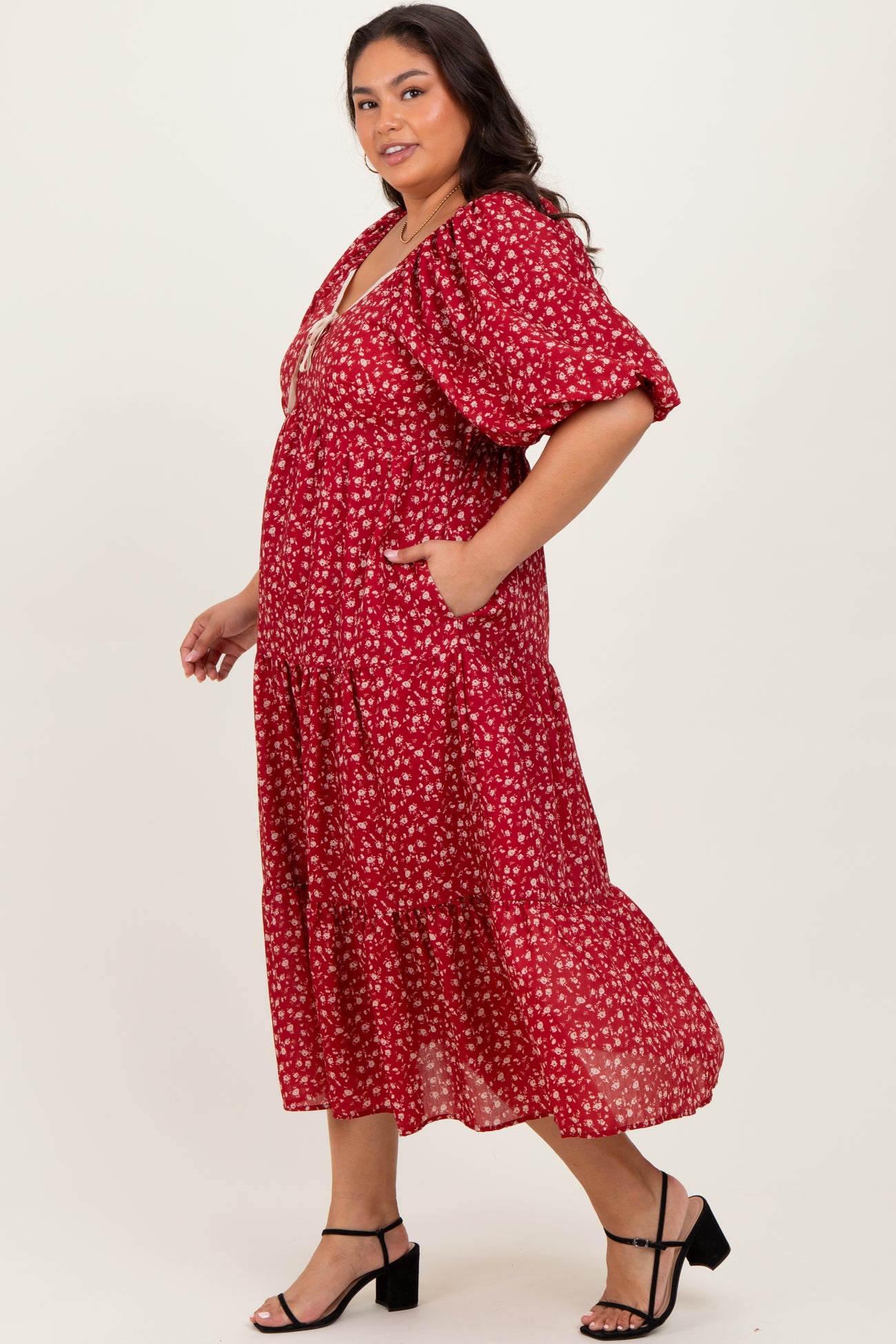 Red Floral Puff Sleeve Tiered Plus Maxi Dress