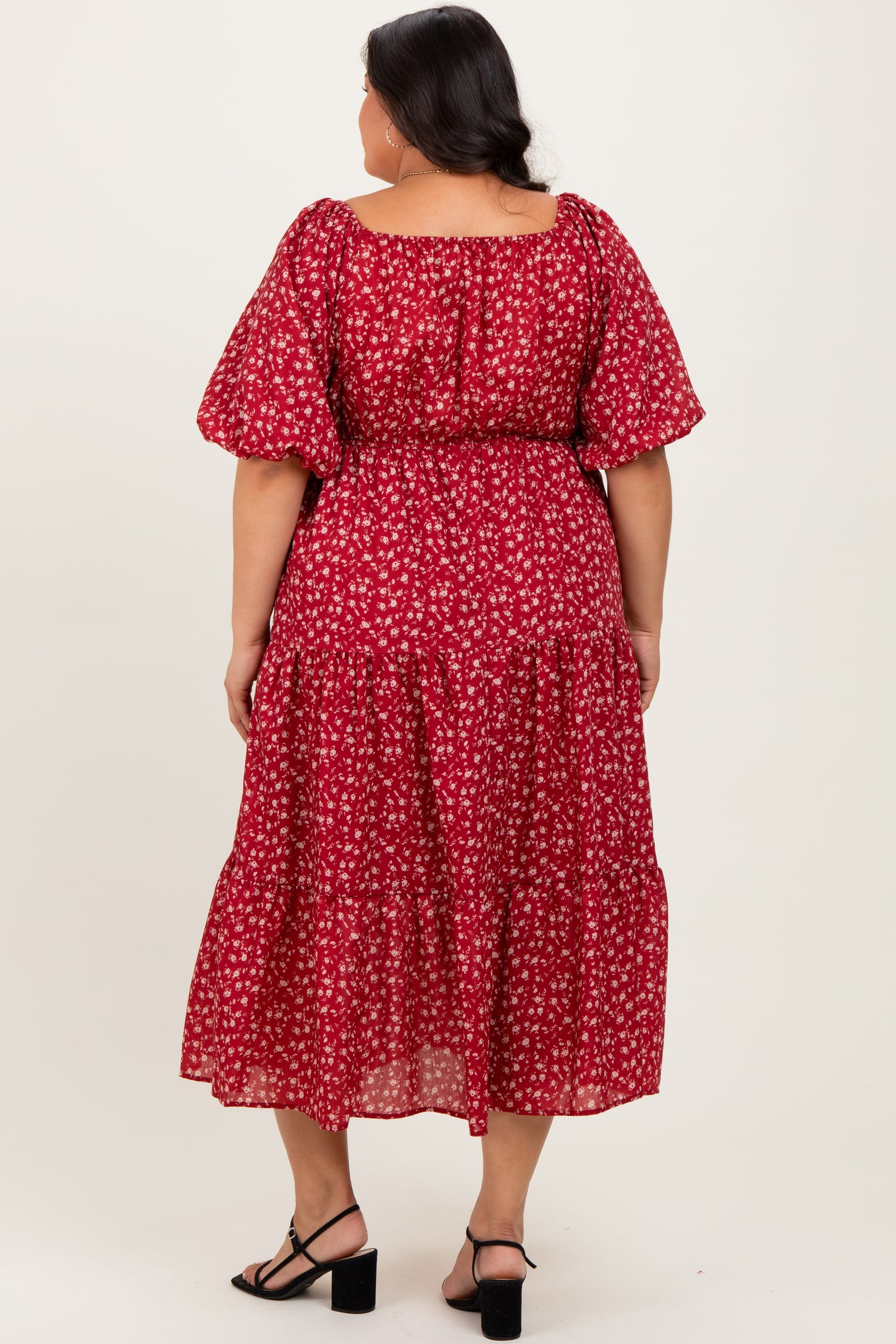 Red Floral Puff Sleeve Tiered Plus Maxi Dress